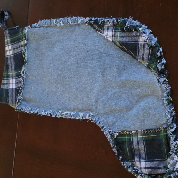 Upcycled Molly Made It Design Stocking Hand Crafted Tree Plaid & Blue Jean - Picture 8 of 8